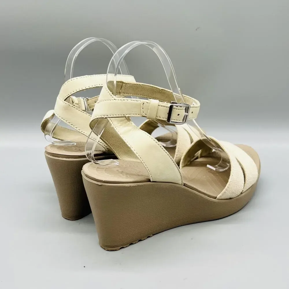 Crocs Sandals Womens 10 Beige Strappy Ankle Strap Buckle Wedge Comfort Shoes